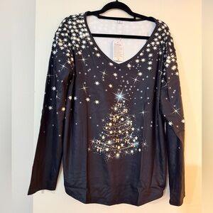 Festive Black Long Sleeve Top with Starry Christmas Tree Design